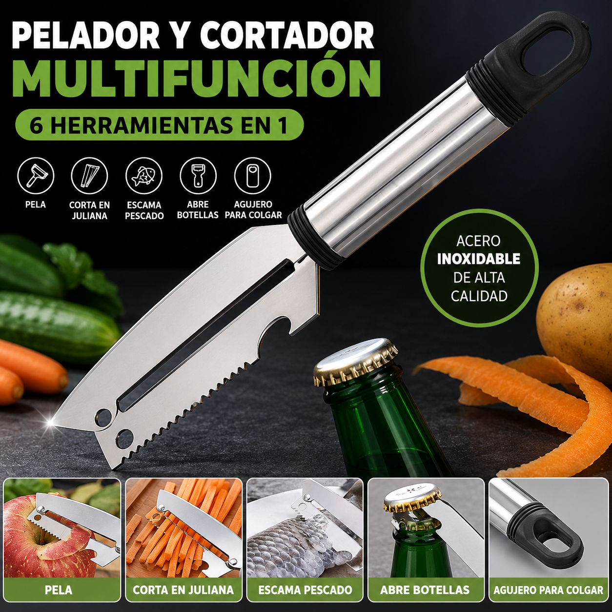 Pelador y cortador en julianas con abre botella